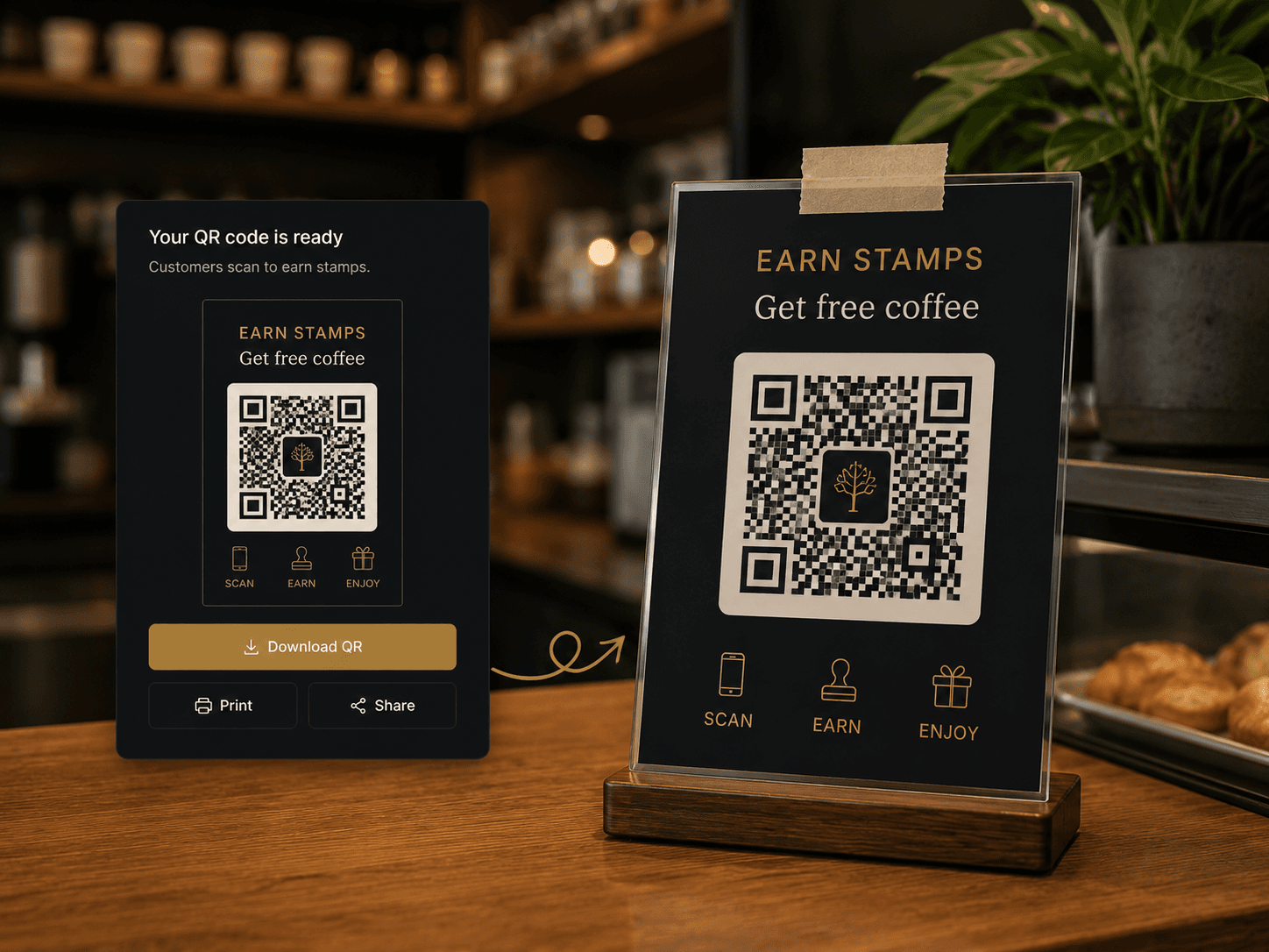 Ein druckbares Qafey-QR-Stempeldisplay steht bereit auf der Café-Theke, neben dem QR-Download-Bildschirm des Dashboards.